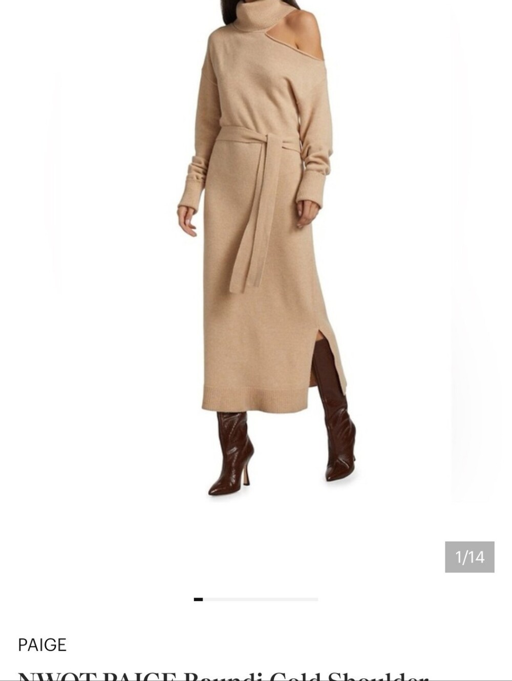 PAIGE Soft Camel Turtle Neck Shoulder Cut Out Sweater Dress